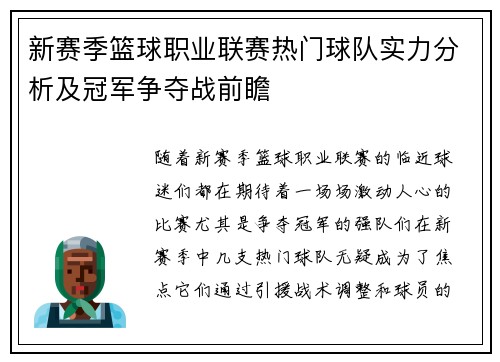 新赛季篮球职业联赛热门球队实力分析及冠军争夺战前瞻