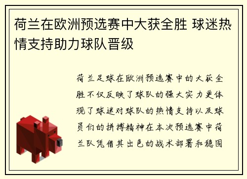 荷兰在欧洲预选赛中大获全胜 球迷热情支持助力球队晋级