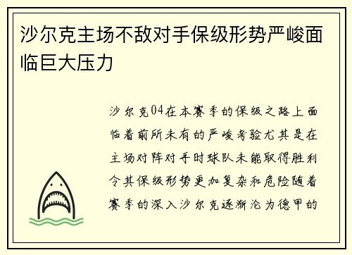 沙尔克主场不敌对手保级形势严峻面临巨大压力